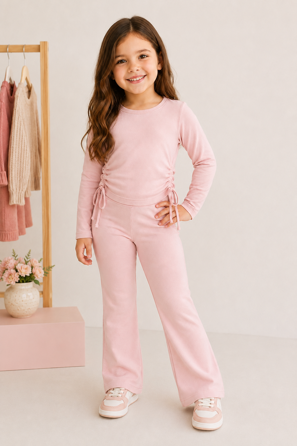Conjunto pantalón Oxford y mangas largas detalle de fruncido en los costados rosa tela algodón elastizada