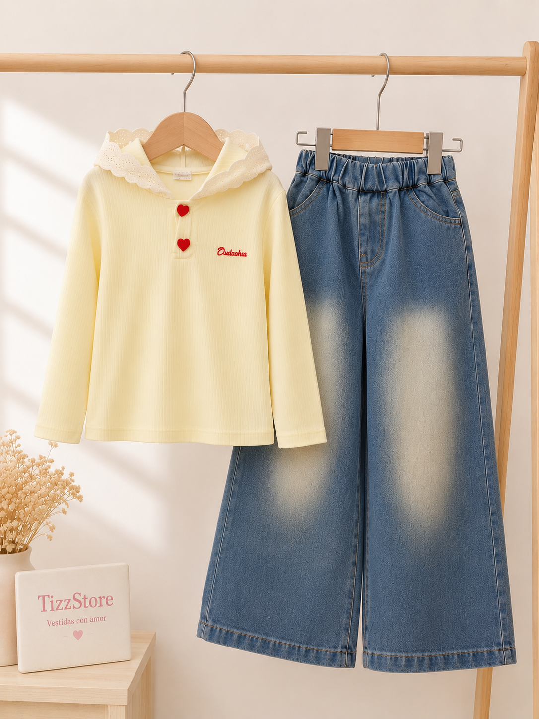 Conjunto pantalón overside con mangas largas ( fina) de color amarillo pálido , detalle de corazones rojos