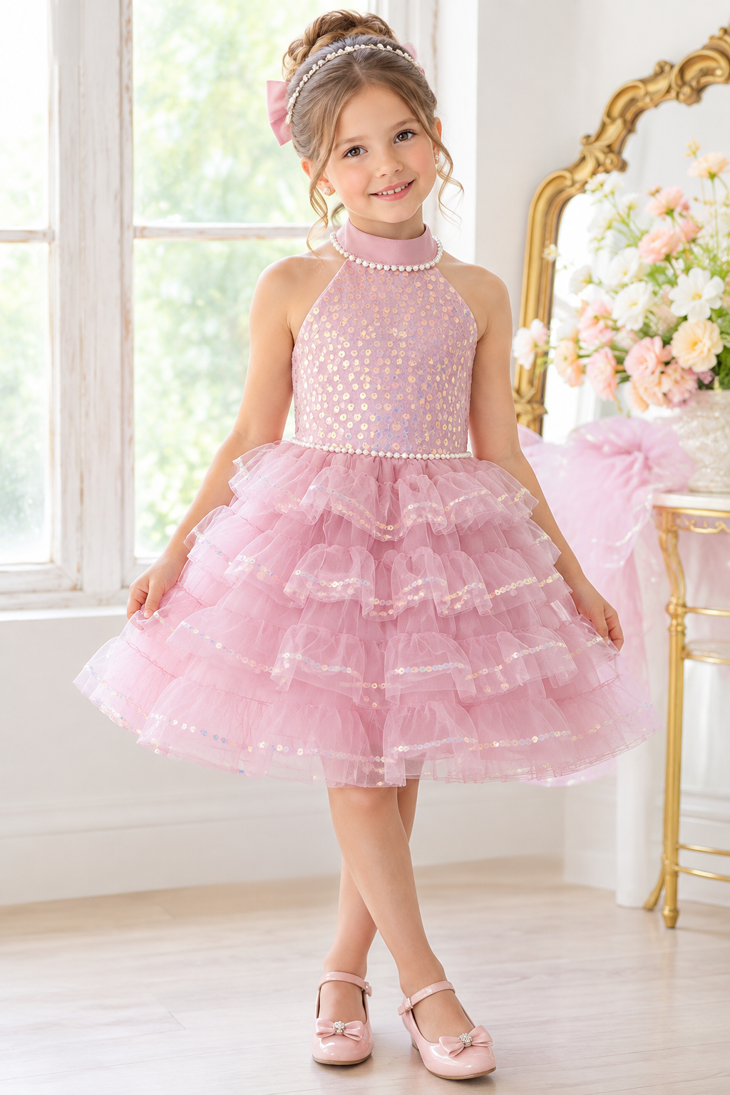 Vestido Elegante color rosa vieja con detalles de lentejuelas y perlas y capas en la falda