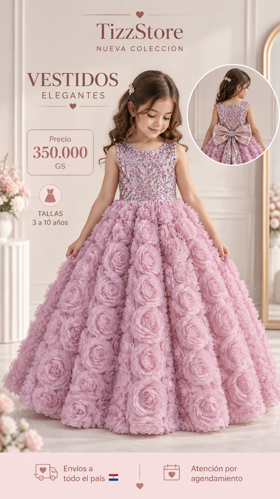Vestido elegante largo en color rosa vieja detalles de lentejuelas en el pecho y flores en 3D en la falda con moño grande en la parte de atrás
