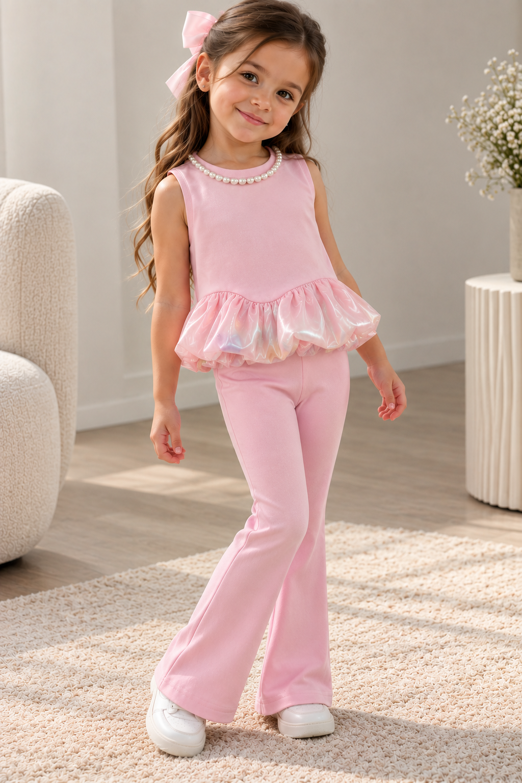 Conjunto de pantalón Oxford con blusa rosa detalle de globo en la blusa , incluye collar de perlas tela elastizada