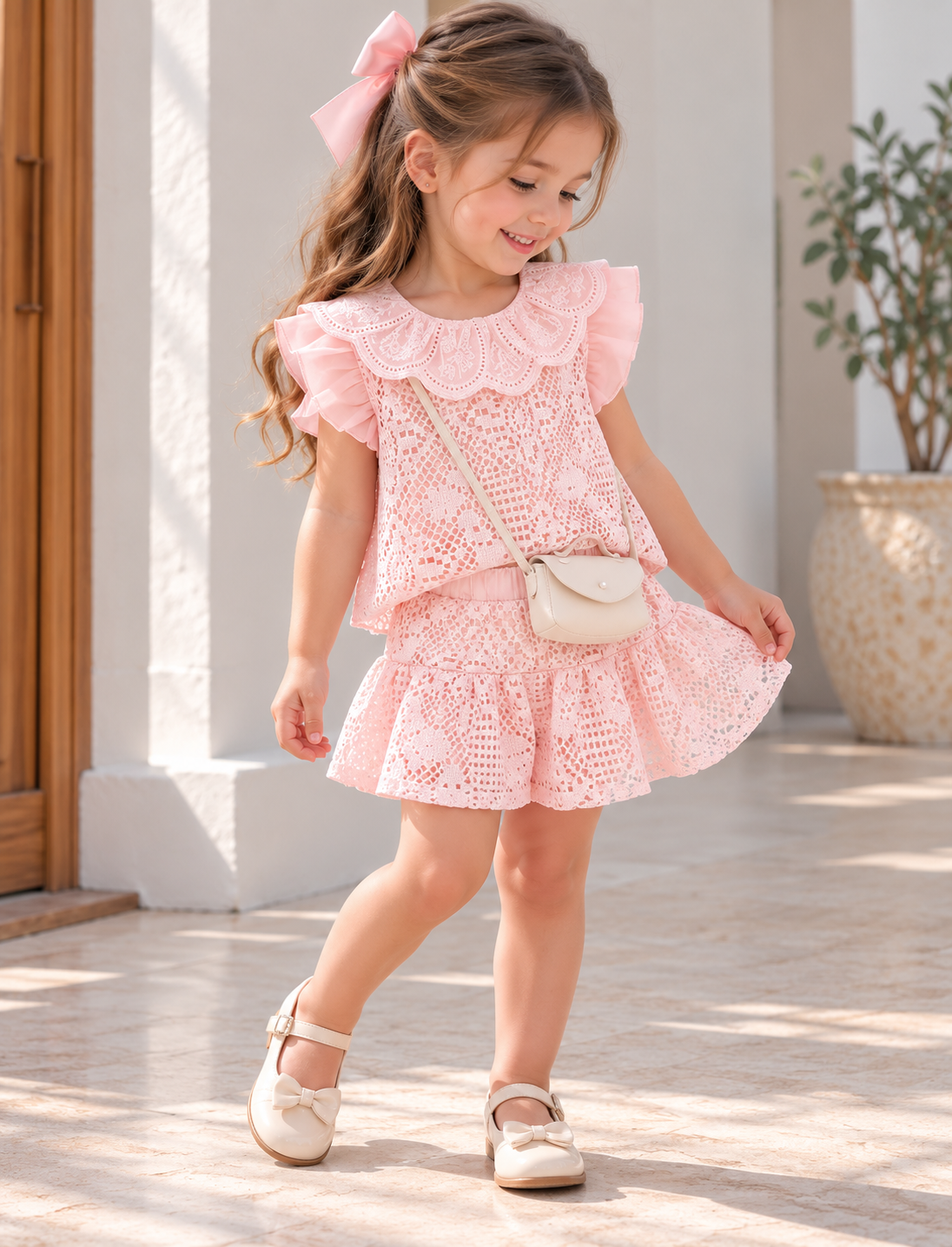 Conjunto short sueltito con blusa rosa incluye una pequeña cartera