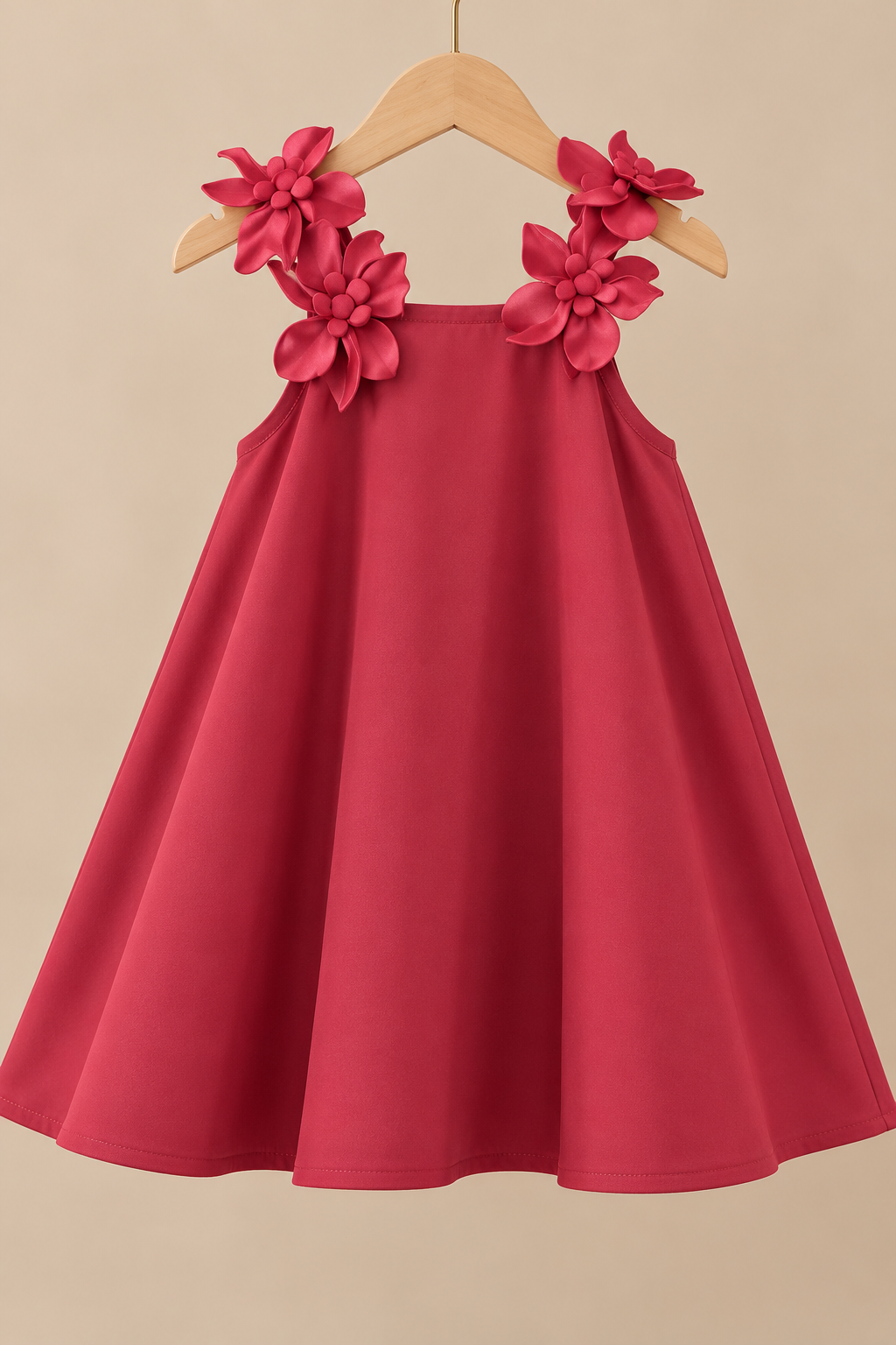 Vestido casual suelto color rojo cálido con detalle de flores en 3D en la tira