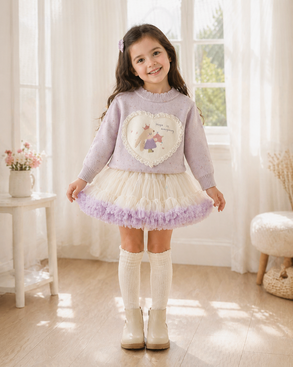 Conjunto tutu con abrigo lila ( súper calentito ) detalles de conejito