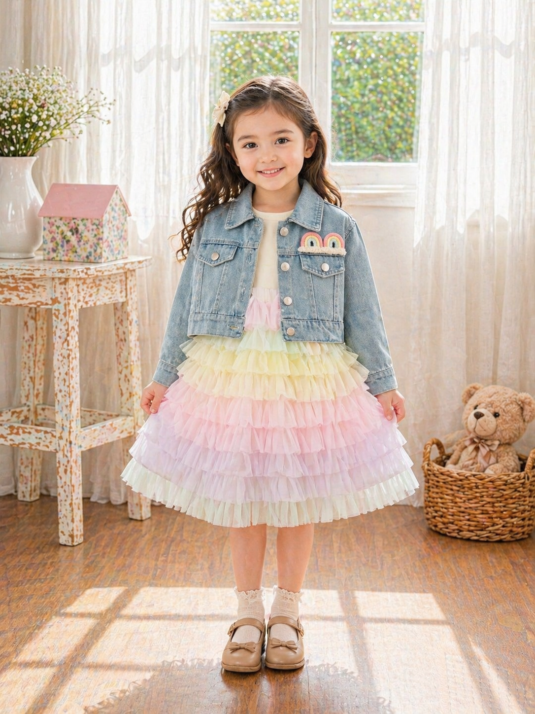 Conjunto vestido con capas coloridas y campera de jeans con detalle de arcoíris