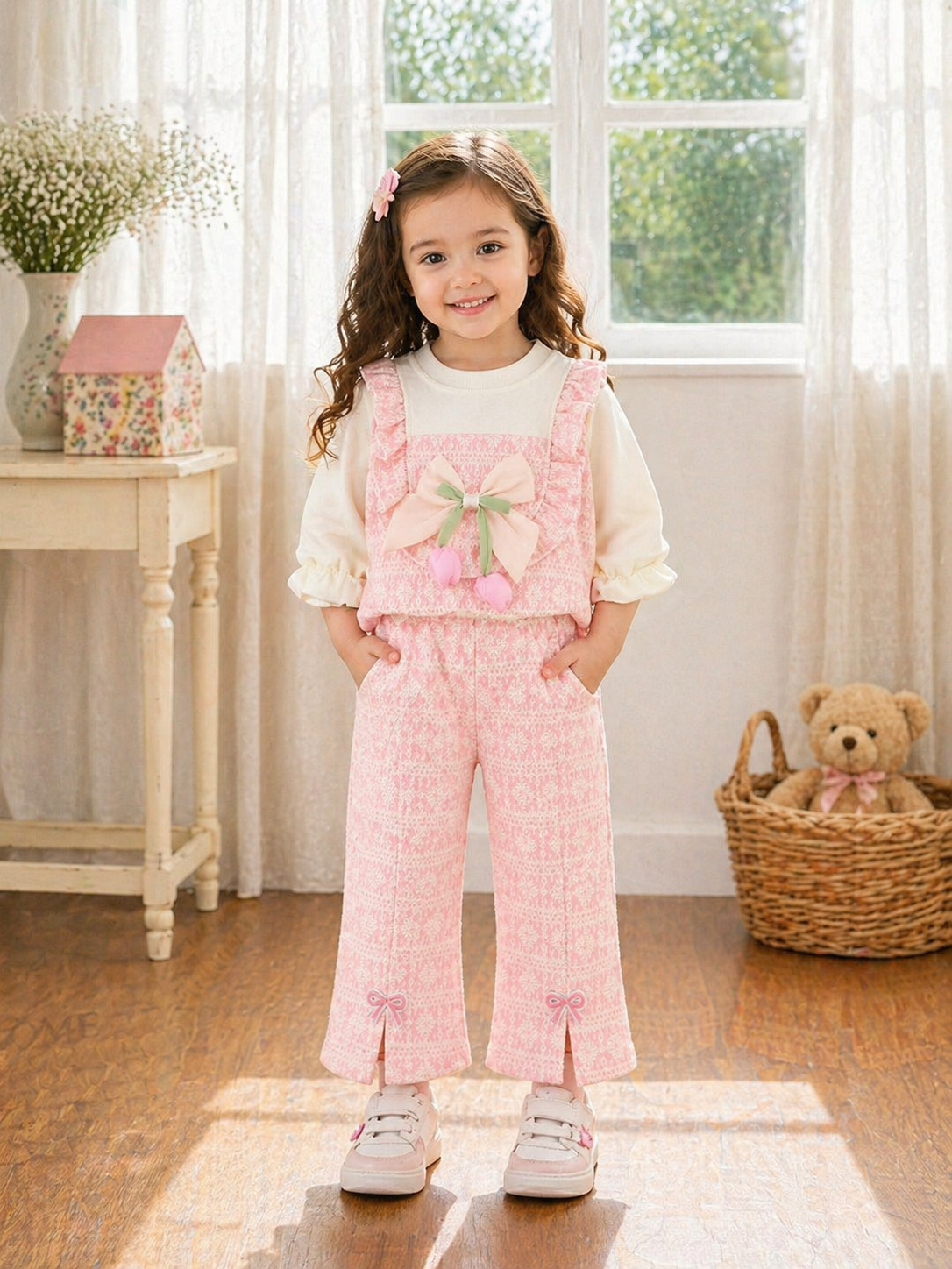 Conjunto de pantalón rosa tipo Oxford con mangas largas rosa con detalles de moño y flor