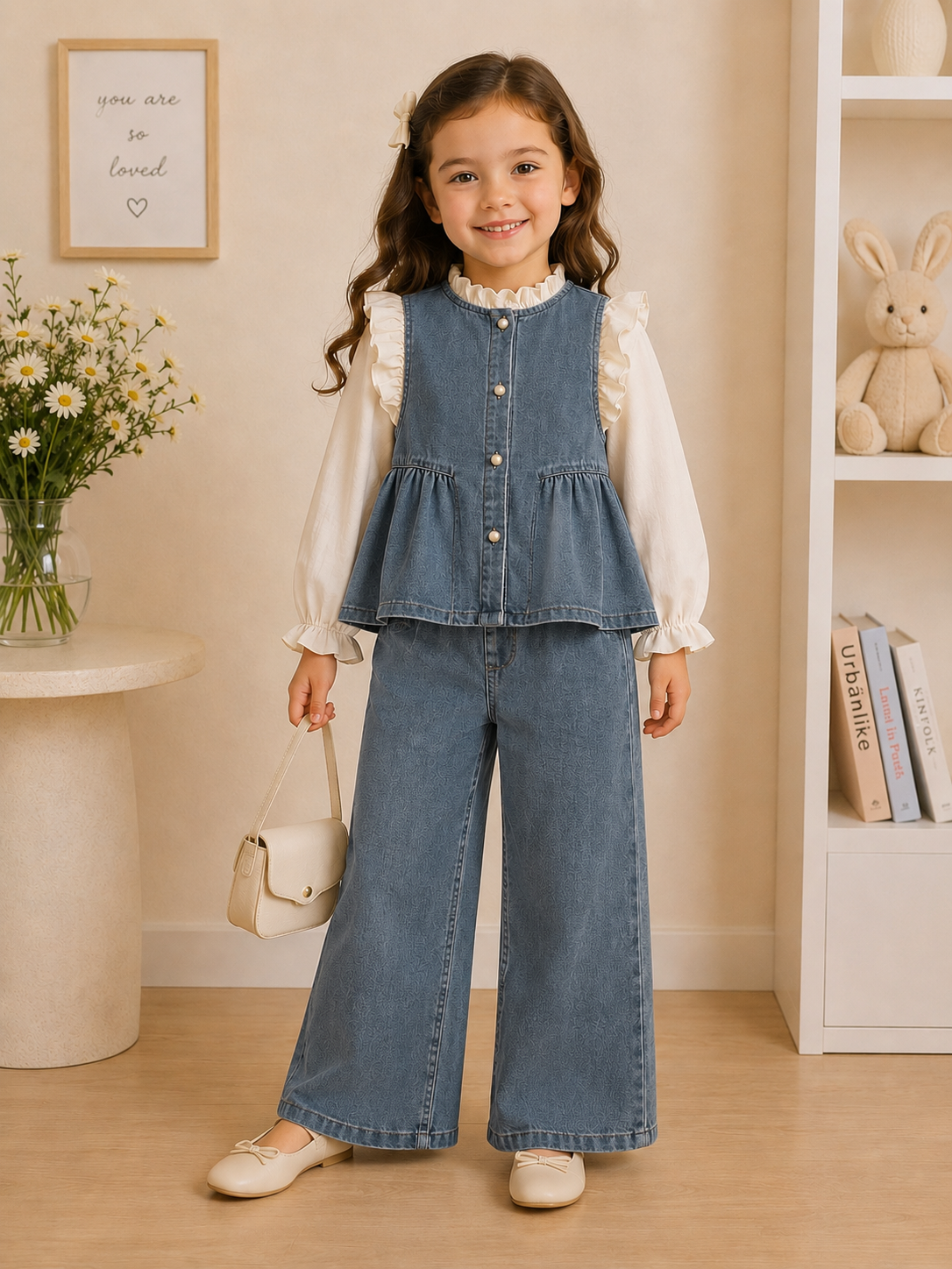 Conjunto de 3 piezas , camisa beige chaleco de jenas y pantalón corte mom