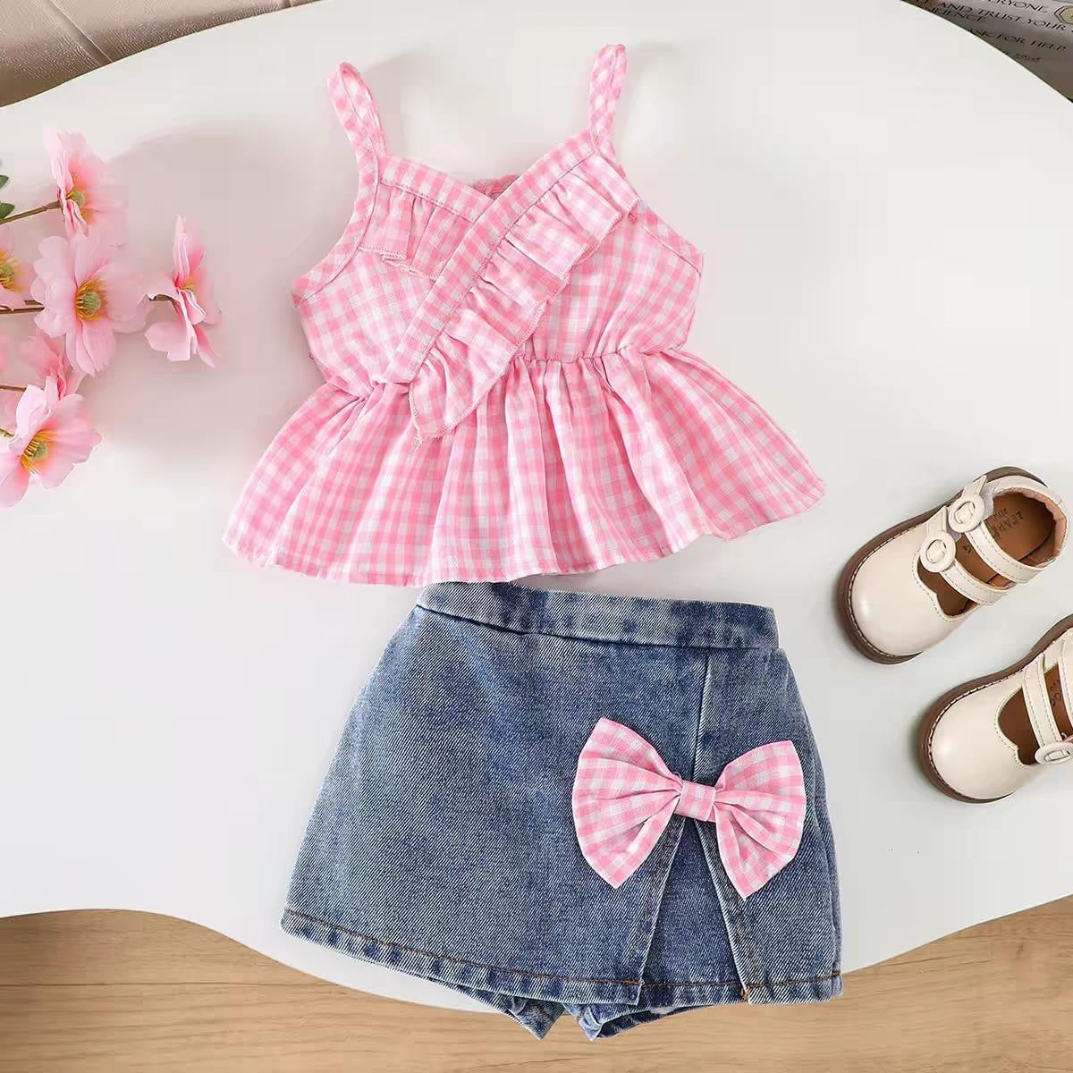 Conjunto de short pollera de jeans con blusa a cuadros rosa con blanco