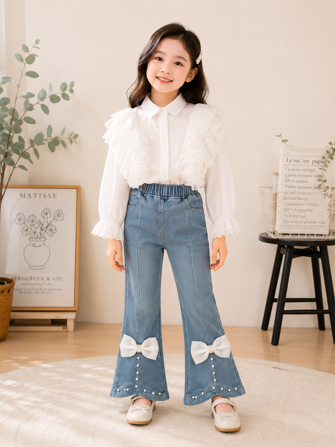 Conjunto pantalón de jeans tipo Oxford con camisa blanca detalles de moño y perlas