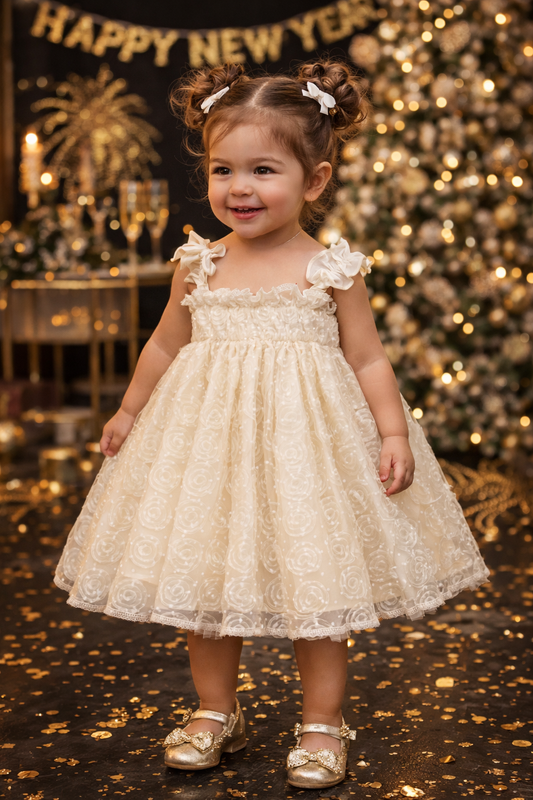 Vestido beige con detalles de flores de tul y tiras en el hombro