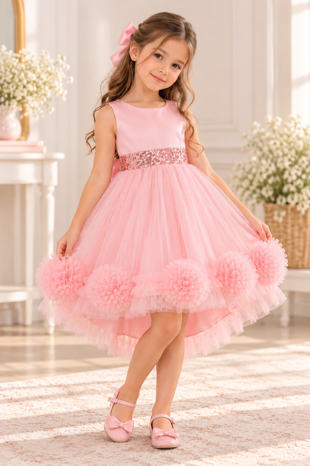 Vestido elegante rosa pastel con cola larga , detalle de cinturón con lentejuelas color rose y moño grande atrás