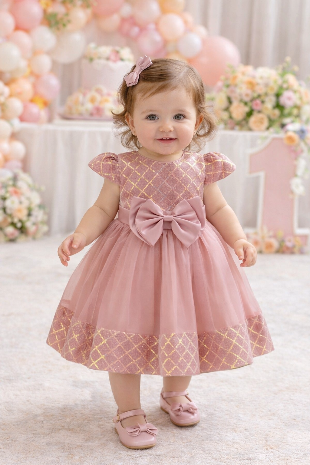 Vestido elegante color rosa vieja detalles de lentejuelas y moño grande en la espalda