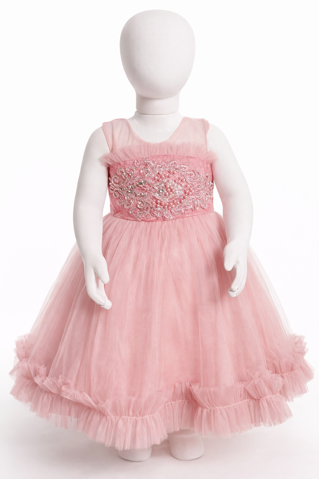 Vestido elegante rosa con detalles de bordado perlas y encaje