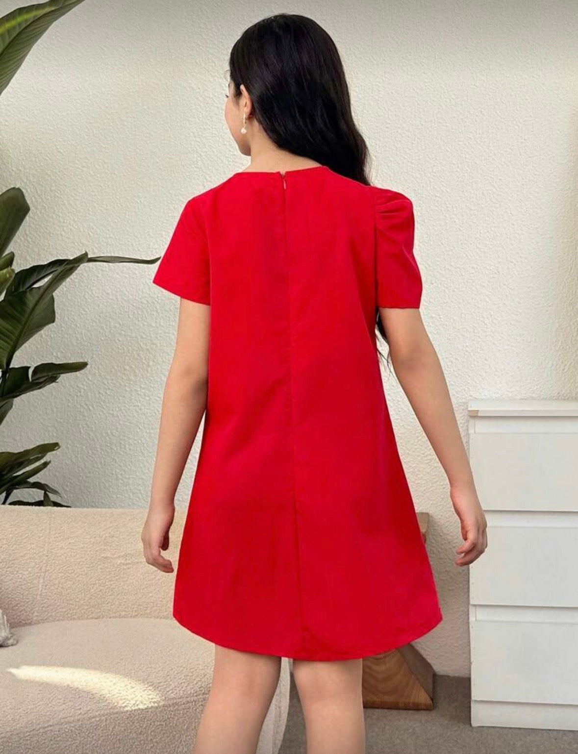 Vestido rojo para niñas de 8 a 12 años detalle de manga y moño en el pecho