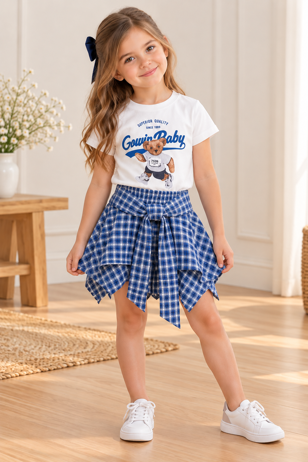 Conjunto pollera corte irregular a cuadros azul con blanco ( forro short) y remera blanca con detalles de oso