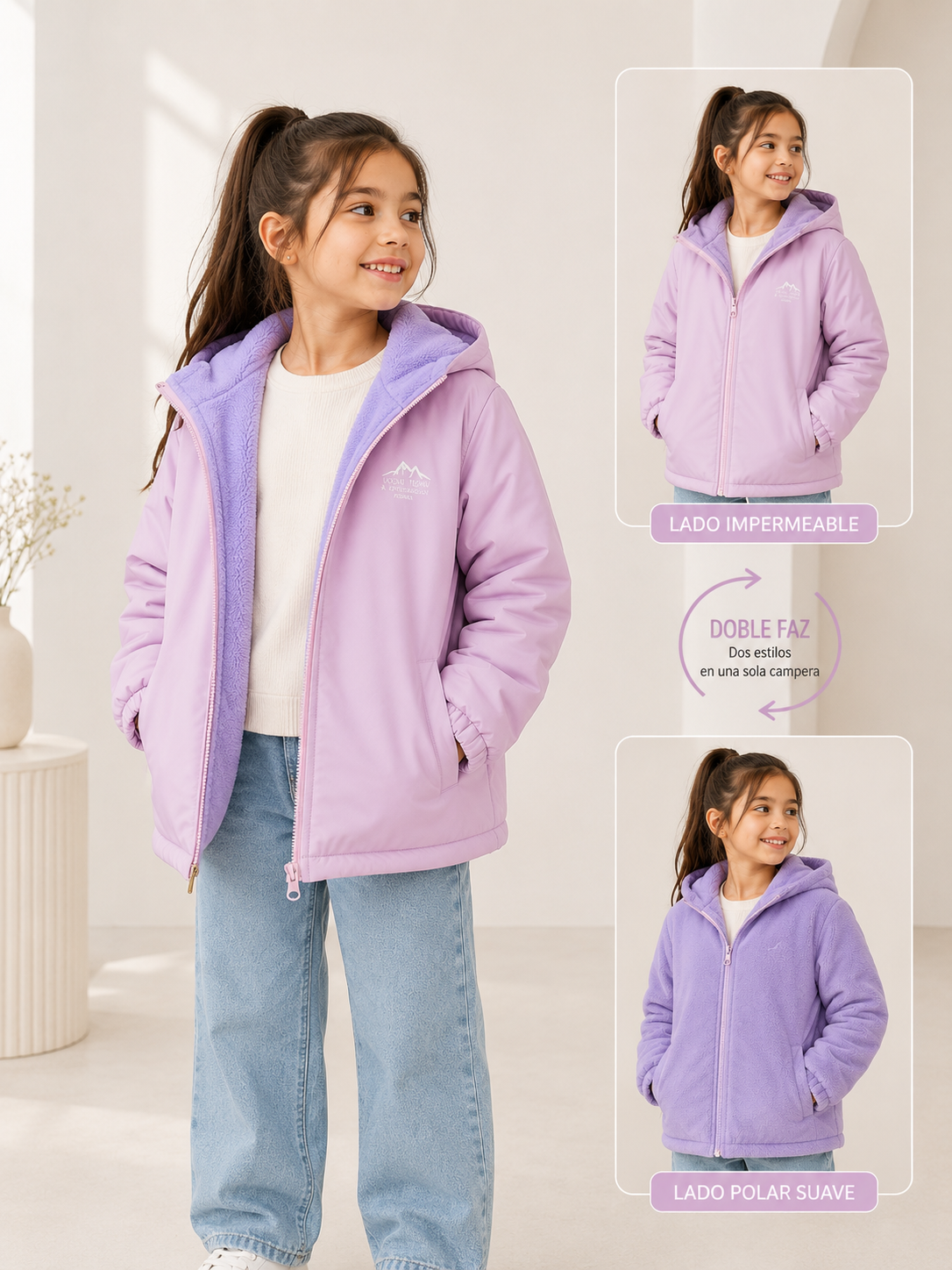 Campera lila doble faz por un lado impermeable y del otro polar suave