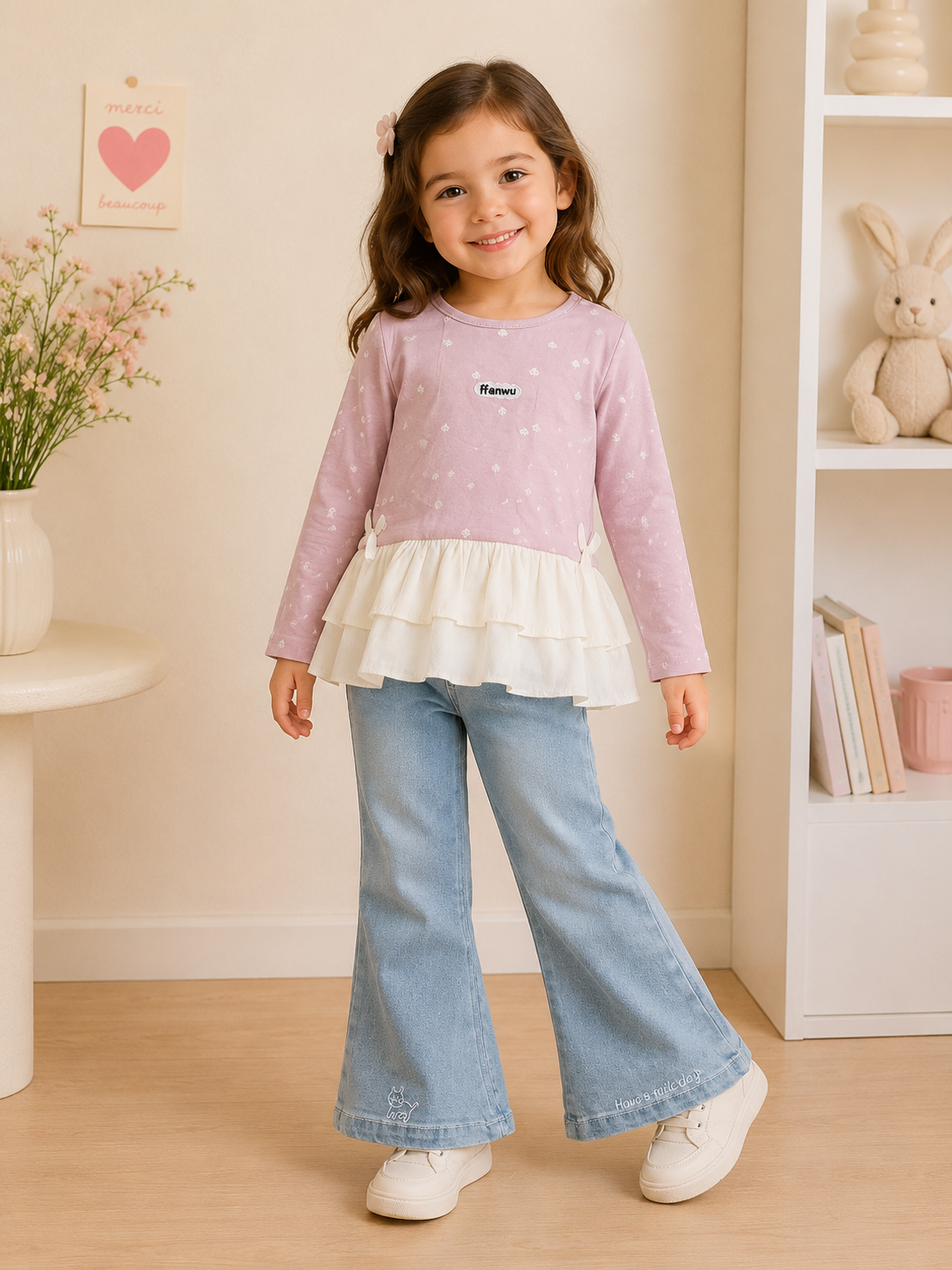 Conjunto pantalón de jeans estilo Oxford con mangas largas rosa
