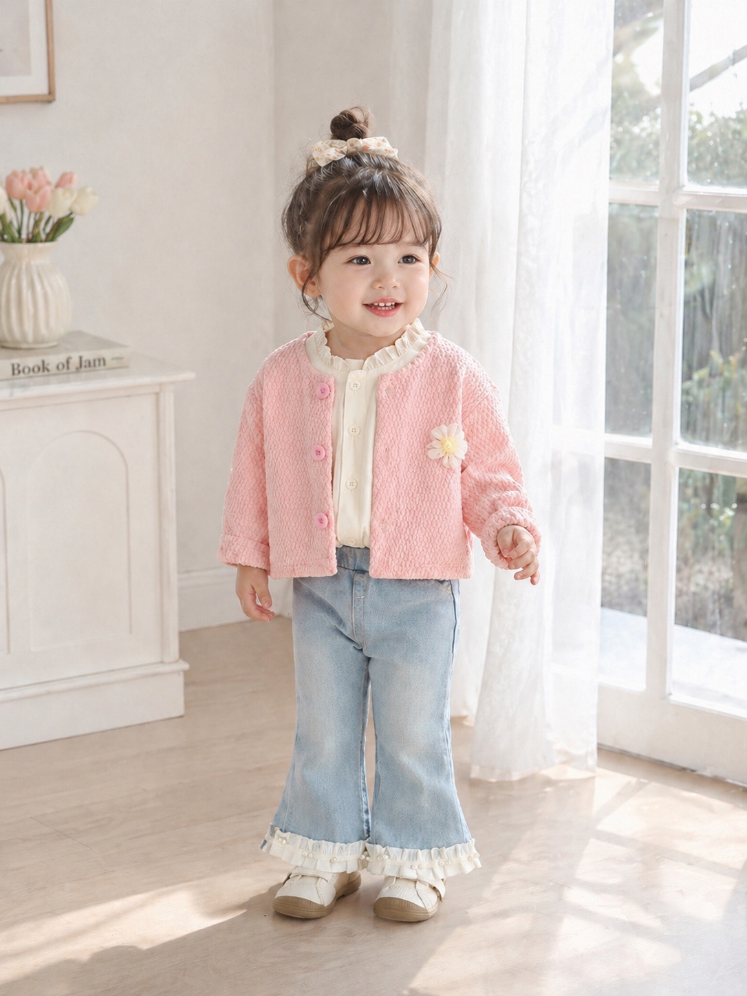 Conjunto de tres piezas , pantalón de jeans con camisa beige y abrigo (suéter) rosa con detalle de moño grande en la espalda