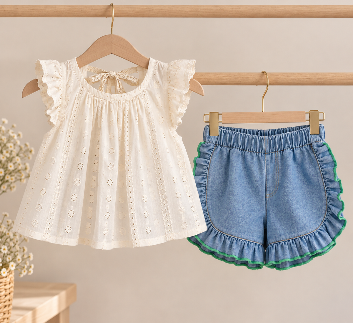 Conjunto short de jeans con blusa beige bordado detalles de volado y línea verde