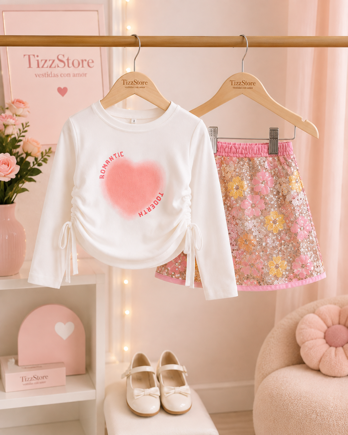 Conjunto pollera con lentejuelas (forrado) con mangas largas detalle de fruncido en los costados