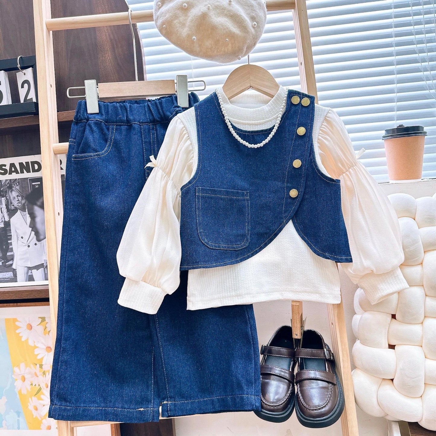 Conjunto de tres piezas , pantalón de jeans mangas larga beige claro y chaleco de jeans detalle cruzado y bolsillos