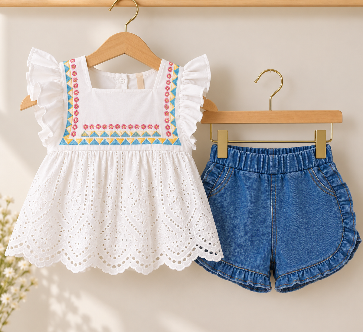 Conjunto short de jeans con blusa blanca detalles de bordados
