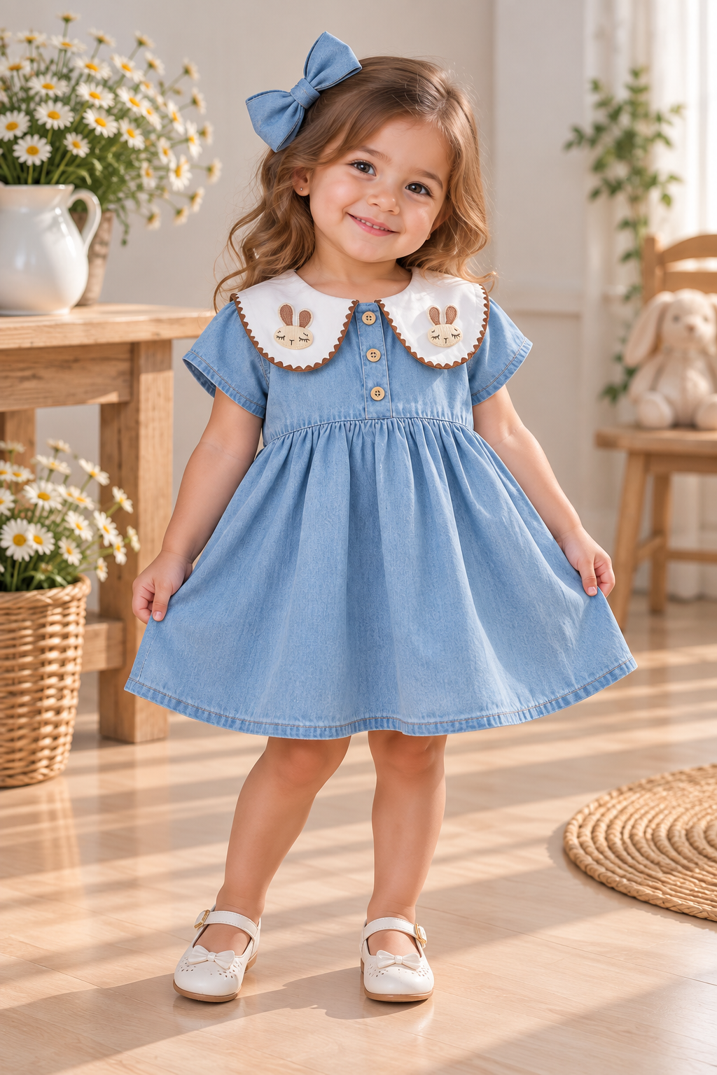 Vestido de jeans celeste  azul con detalle de conejito en el cuello