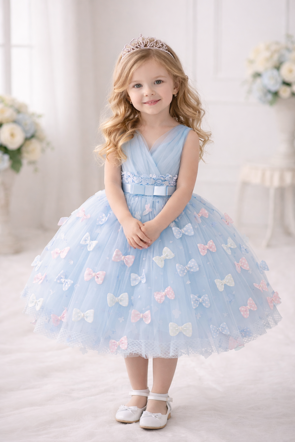 Vestido elegante celeste detalles de moños en en 3D y plisado en el pecho