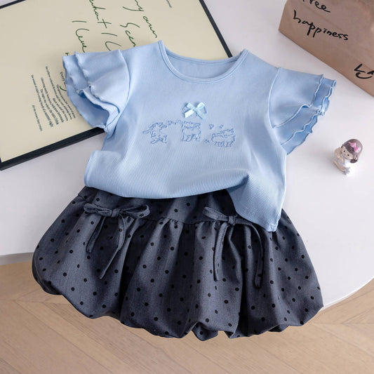 Conjunto pollera globo  con remera celeste