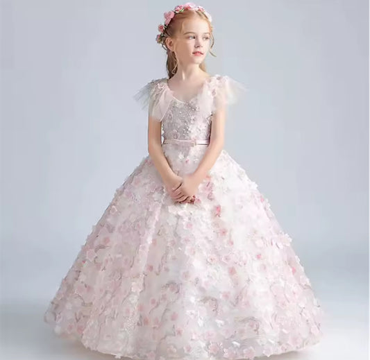 Vestido elegante largo flores en 3D brillos en dorado