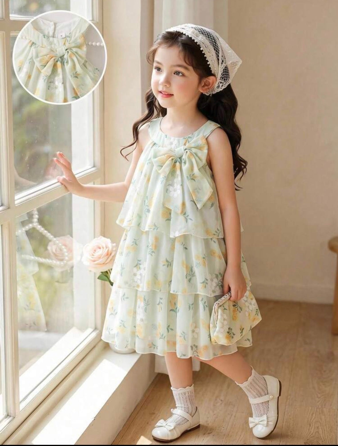 Vestido casual verde claro  con estampado de flores y detalle de moño en el cuello