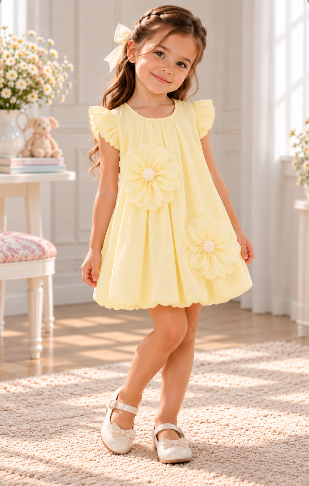Vestido casual amarillo estilo globo con detalle de flores en 3D