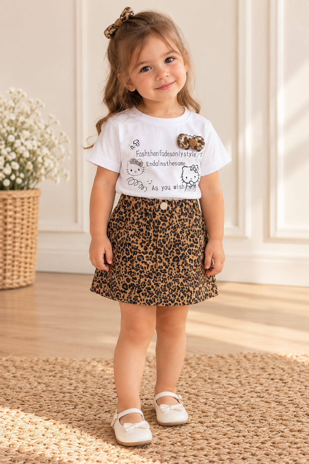 Conjunto de pollera con remera blanca detalle de leopardo con figuras de hello Kitty
