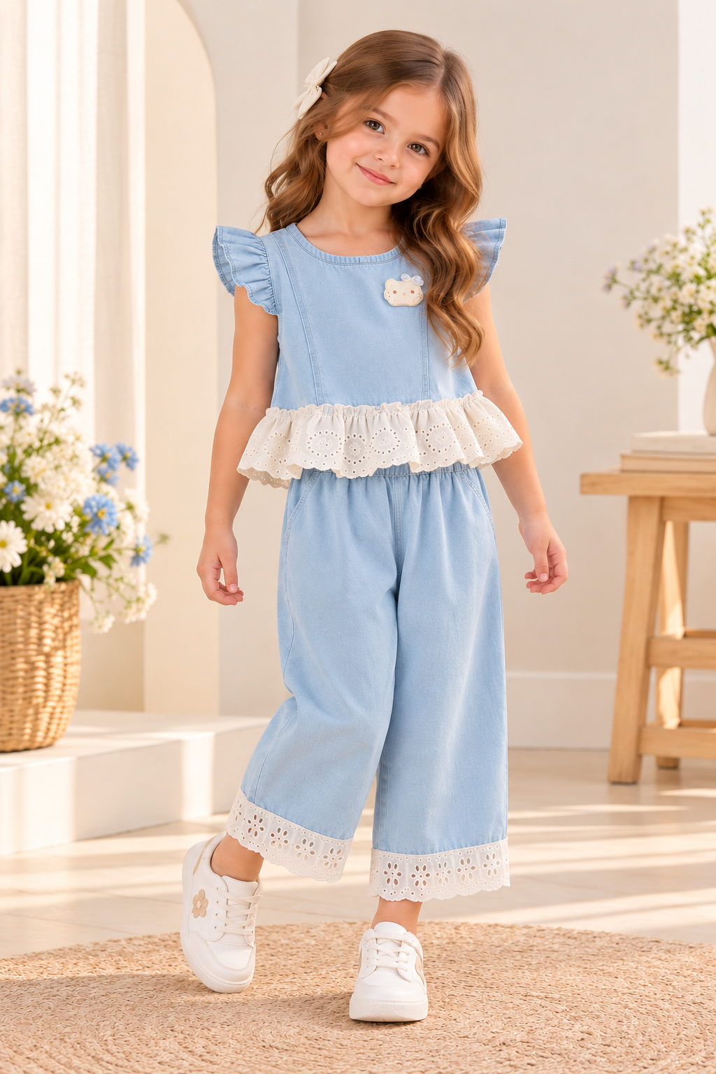 Conjunto pantalón estilo capri con blusa de jeans detalle de hellokitty y bolado de broderie