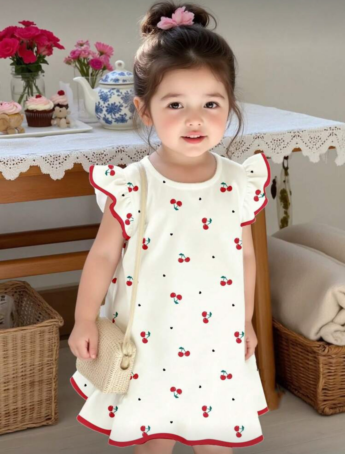 Vestido blanco con detalles de cerezas y manguita