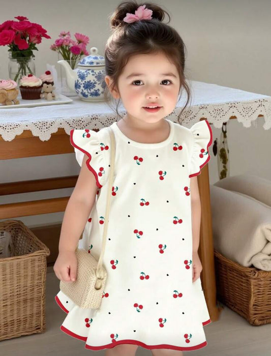 Vestido blanco con detalles de cerezas y manguita