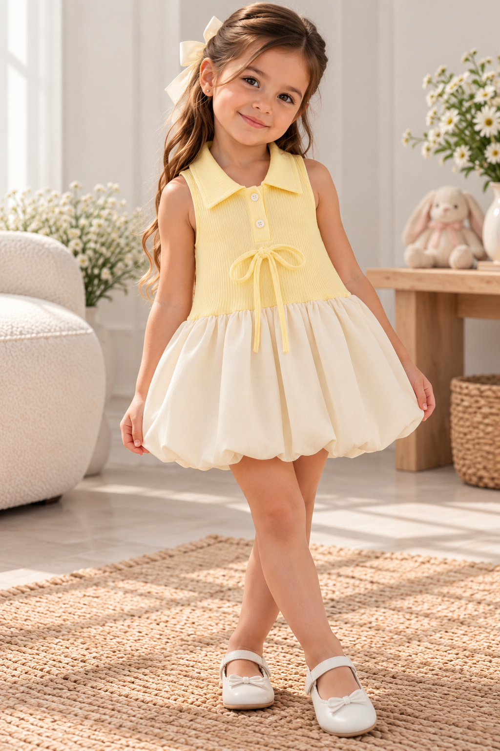 Vestido casual bicolor amarillo con color crema detalle de cuello y falda globo