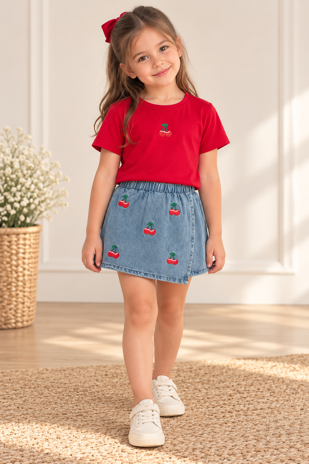 Conjunto de short pollera de jeans con remera roja de algodón rojo detalles de cerezas
