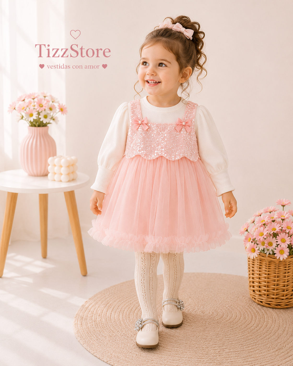 Vestido mangas larga rosa con detalle de lentejuelas en el pecho y mangas color crema