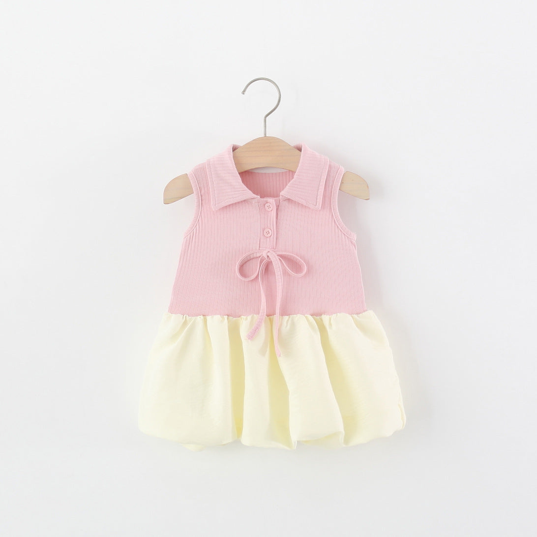 Vestido casual bicolor rosa con color crema detalle de cuello y falda globo
