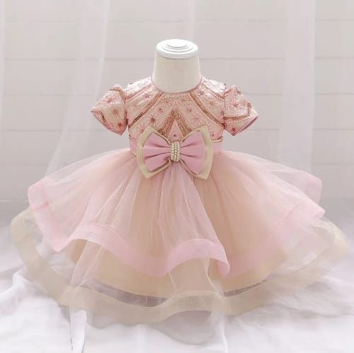 Vestido elegante para bebés , rosa con lentejuelas y mangas cortas