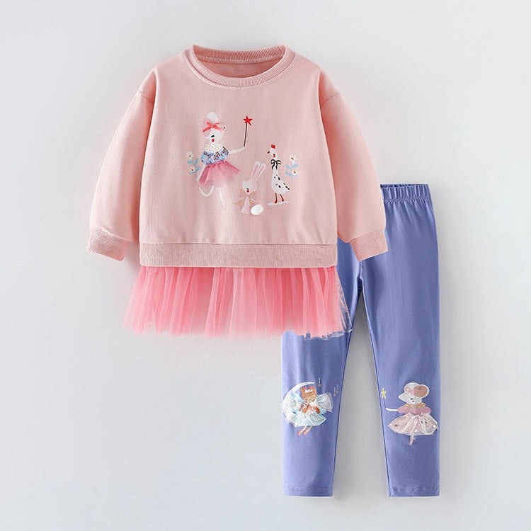 Conjunto de algodón malwee suéter con calza detalles de ratoncitos Adas rosa con celeste