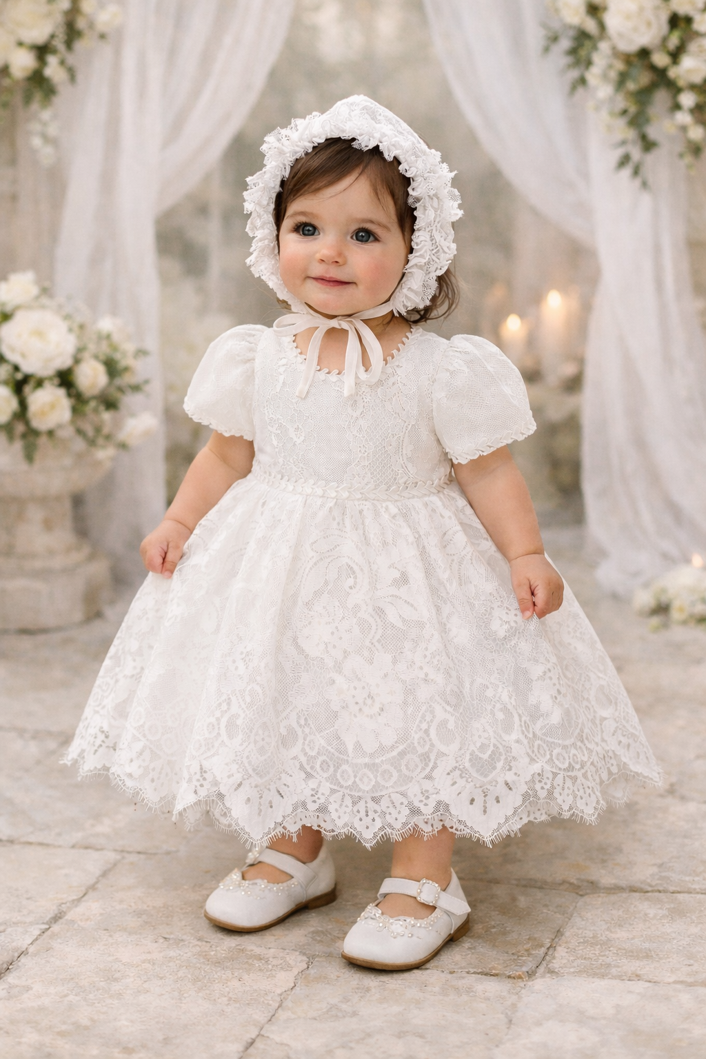 Vestido blanco elegante para bebés detalle de sombrerito