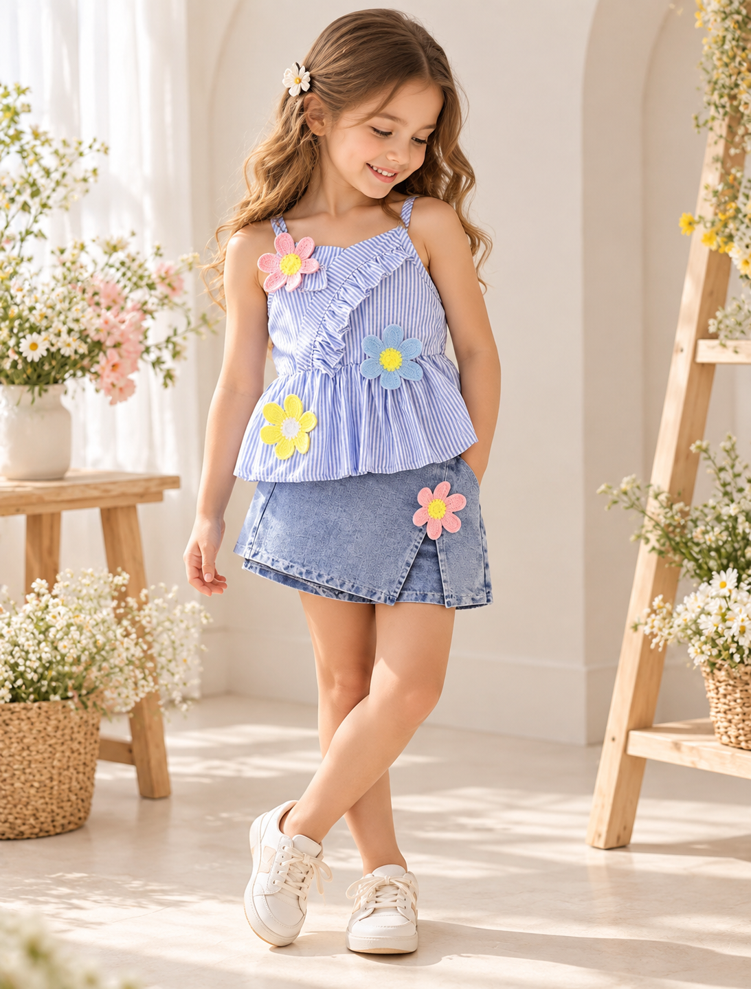 Conjunto short pollera de jeans con blusa a rayas detalles de flores en 3D