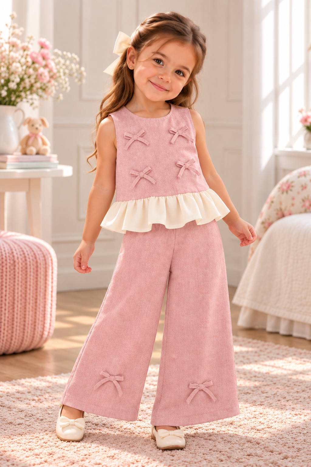 Conjunto de pantalón y blusa rosa con detalle de moños