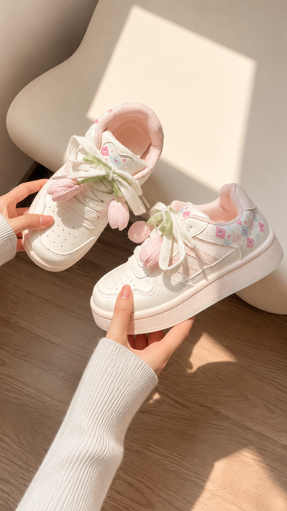 Tenis (Champion ) beige claro con rosa detalle de tulipanes en 3D