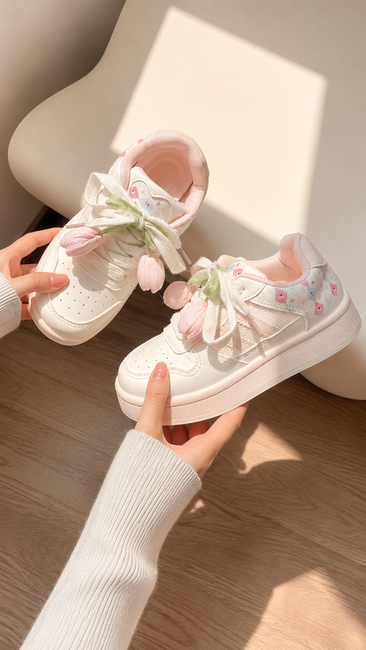 Tenis (Champion ) beige claro con rosa detalle de tulipanes en 3D