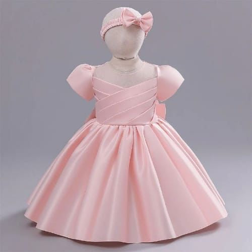 Vestido elegante para bebés , rosa con mangas incluye vincha