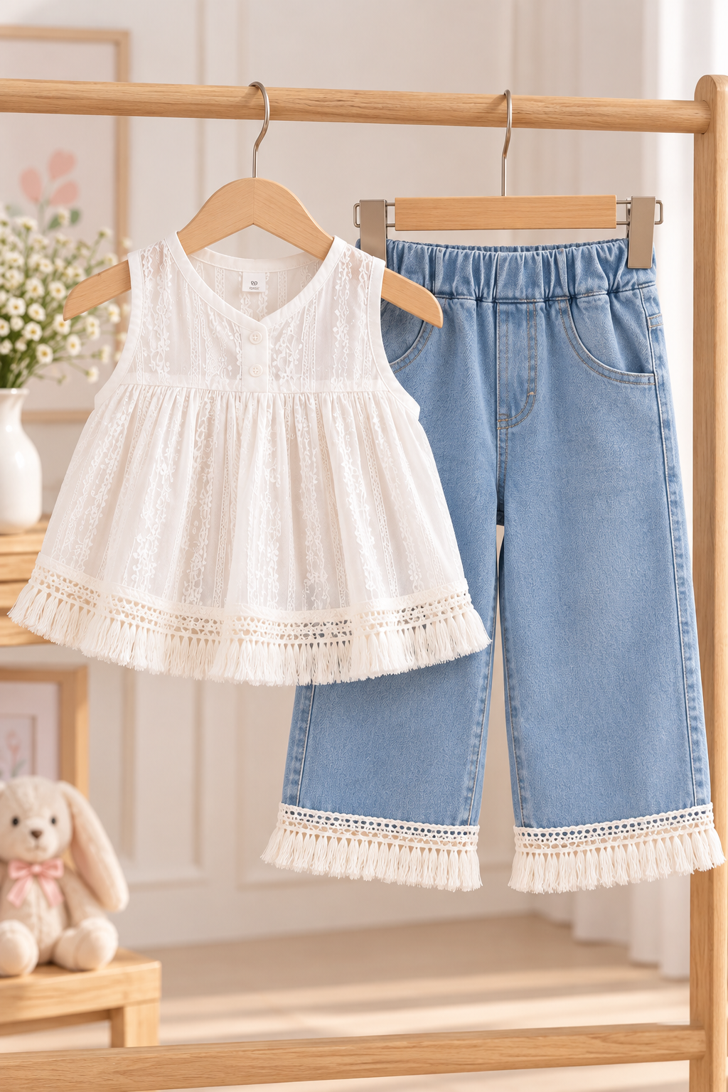 Conjunto de pantalón capri de Jeans con blusa blanca detalle de flecos