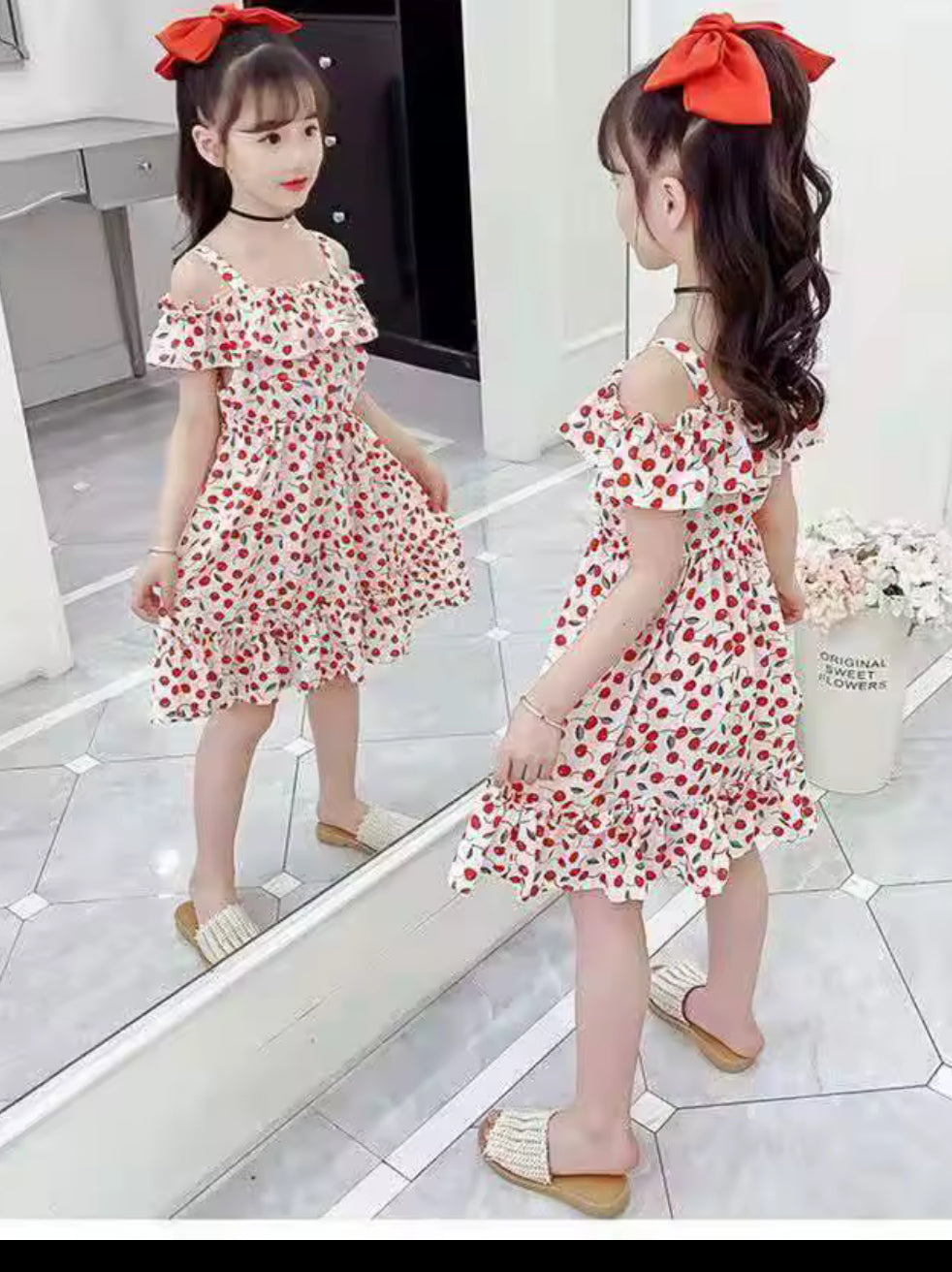 Vestido con cerezas para niñas de 4 a 10 años